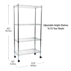Mind Reader Silver Alloy Collection, Adjustable 4-Tier Industrial Storage Shelves with Wheels, Metal