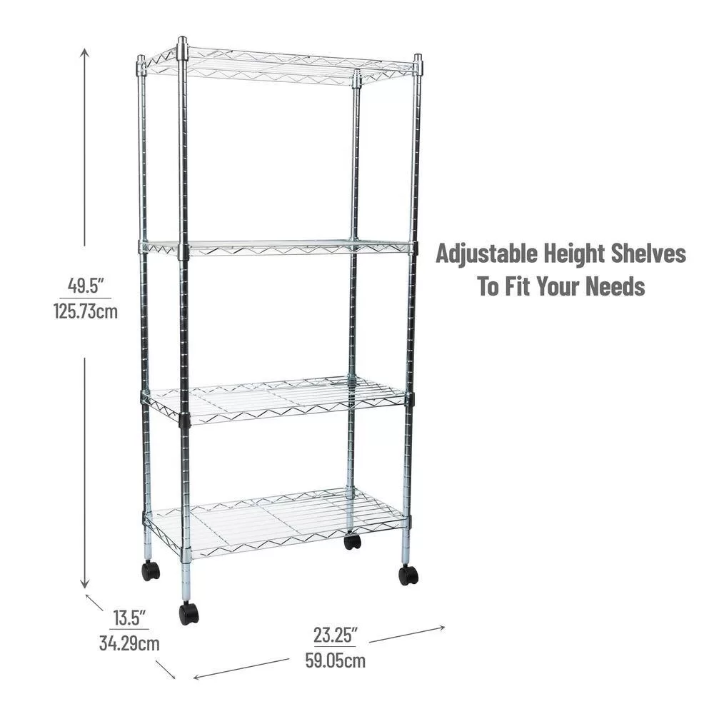 Mind Reader Silver Alloy Collection, Adjustable 4-Tier Industrial Storage Shelves with Wheels, Metal