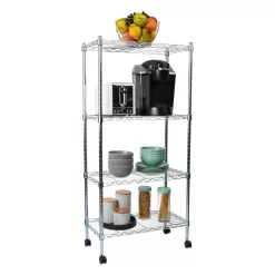 Mind Reader Silver Alloy Collection, Adjustable 4-Tier Industrial Storage Shelves with Wheels, Metal