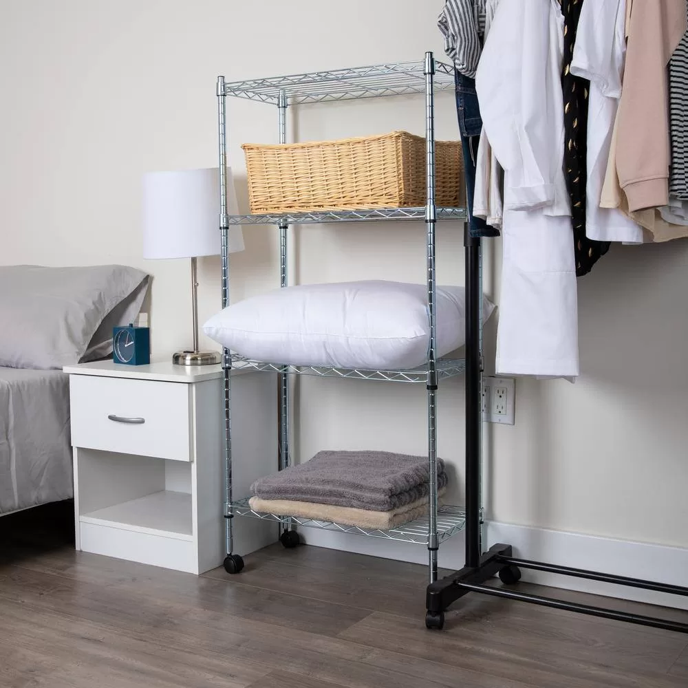 Mind Reader Silver Alloy Collection, Adjustable 4-Tier Industrial Storage Shelves with Wheels, Metal