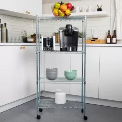 Mind Reader Silver Alloy Collection, Adjustable 4-Tier Industrial Storage Shelves with Wheels, Metal