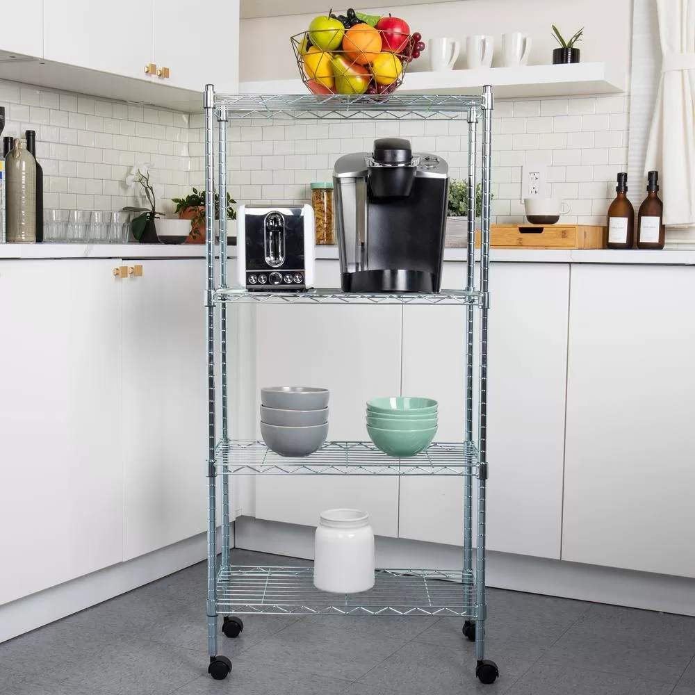 Mind Reader Silver Alloy Collection, Adjustable 4-Tier Industrial Storage Shelves with Wheels, Metal
