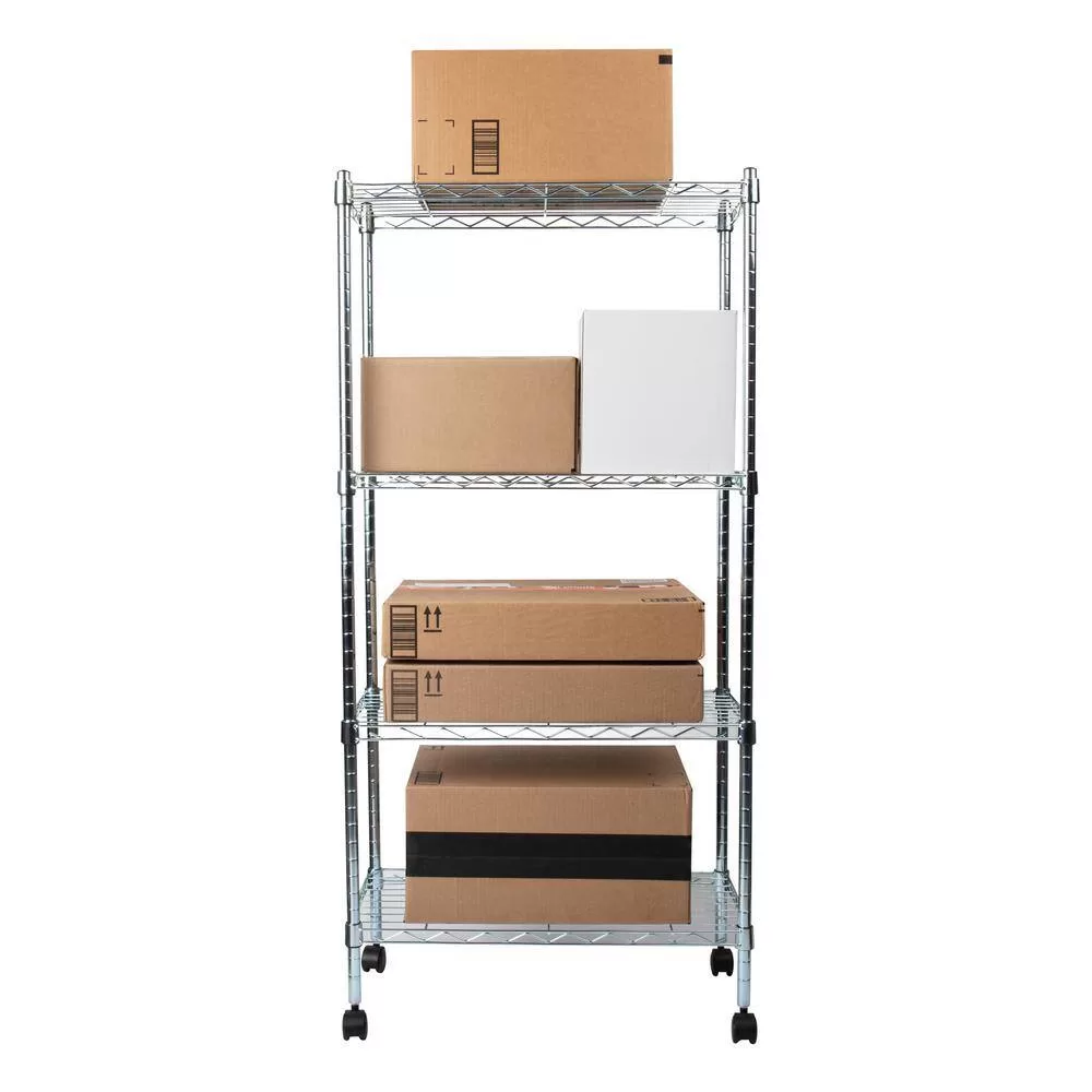 Mind Reader Silver Alloy Collection, Adjustable 4-Tier Industrial Storage Shelves with Wheels, Metal