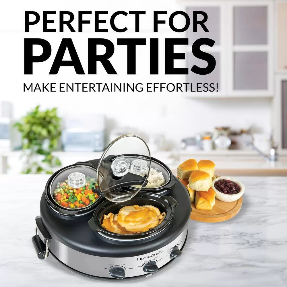 HomeCraft Triple 1.5 qt. Stainless Steel Slow Cooker Buffet