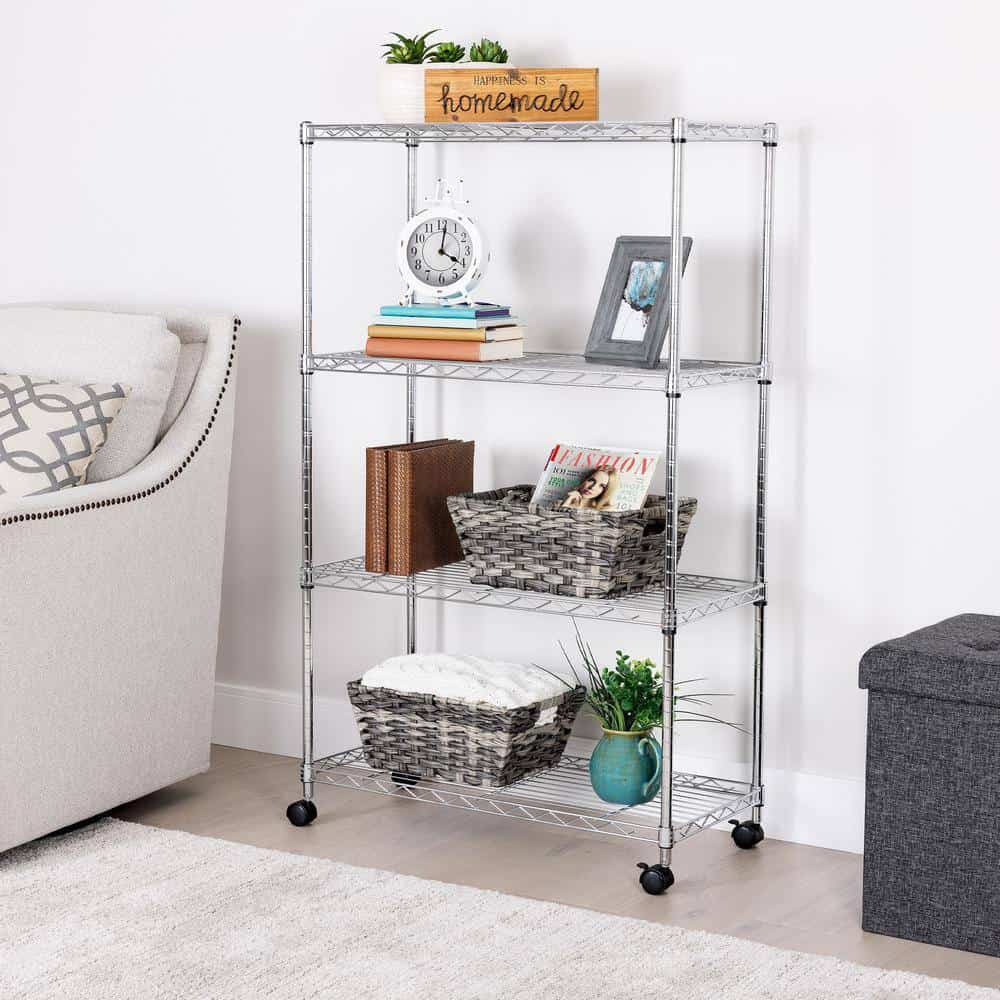 Seville Classics WEB674 Silver 4-Tier Steel Wire Garage Storage Shelving Unit with Wheels (30 in. W x 49.5 in. H x 14 in. D)