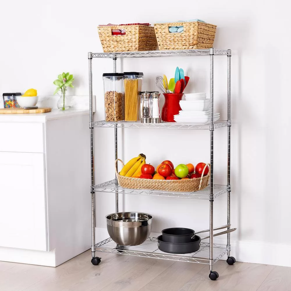 Seville Classics WEB674 Silver 4-Tier Steel Wire Garage Storage Shelving Unit with Wheels (30 in. W x 49.5 in. H x 14 in. D)