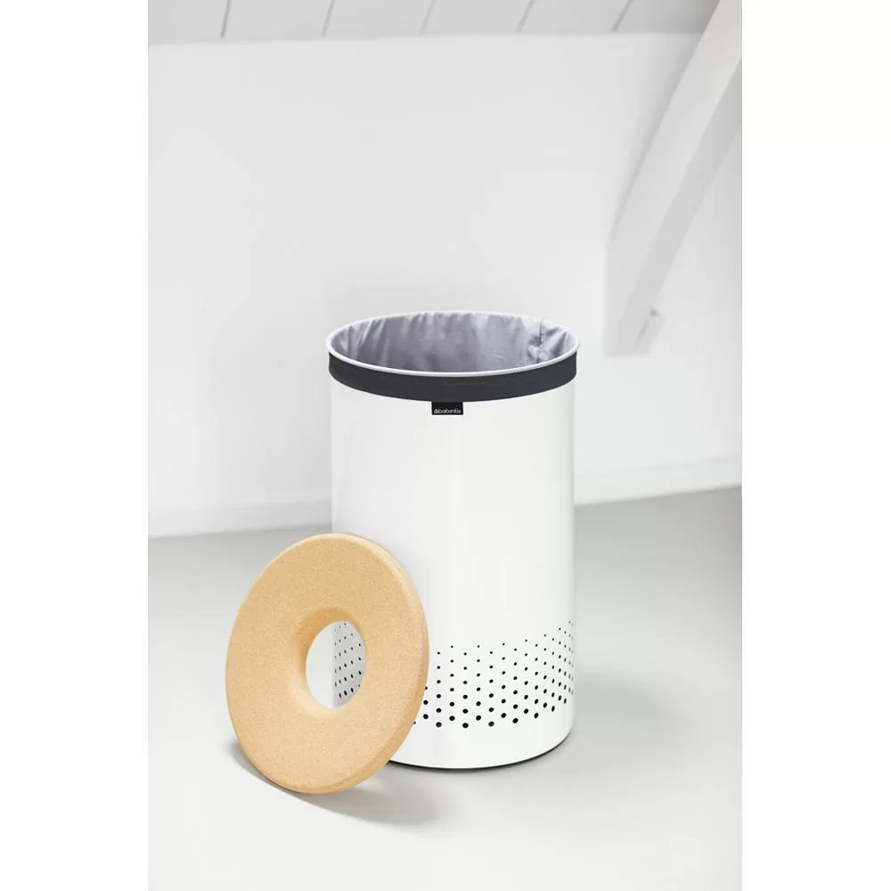 Brabantia 104404 16 Gal. (60L) Laundry Hamper White with Cork Lid