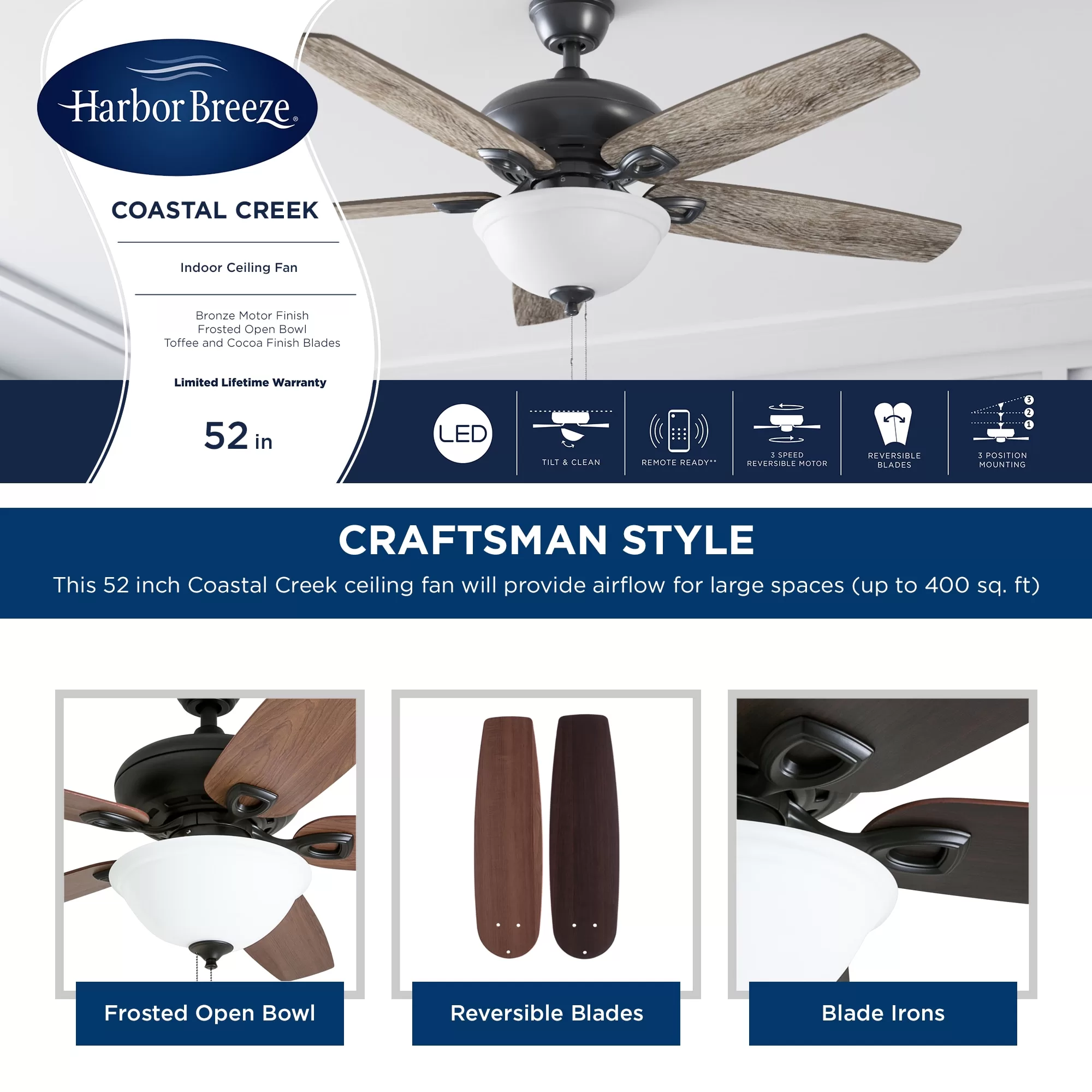 Harbor Breeze Coastal Creek 52-in Bronze Indoor Downrod or Flush Mount Ceiling Fan with Light (5-Blade)