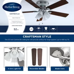 Harbor Breeze Centreville 52-in Brushed Nickel Indoor Flush Mount Ceiling Fan with Light (5-Blade)
