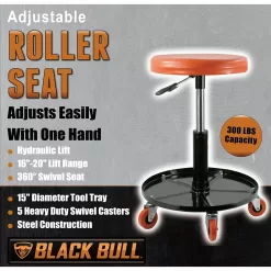 Black Bull Adjustable Roller Seat Red | Thick Foam Padded | 5 Swivel Casters | Supports up to 300 lb | Creepers & Work Seats
