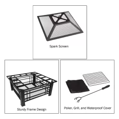 Nature Spring 4-Piece Wood-Burning Fire Pit Set 32-in W Black with Orange Steel Wood-Burning Fire Pit