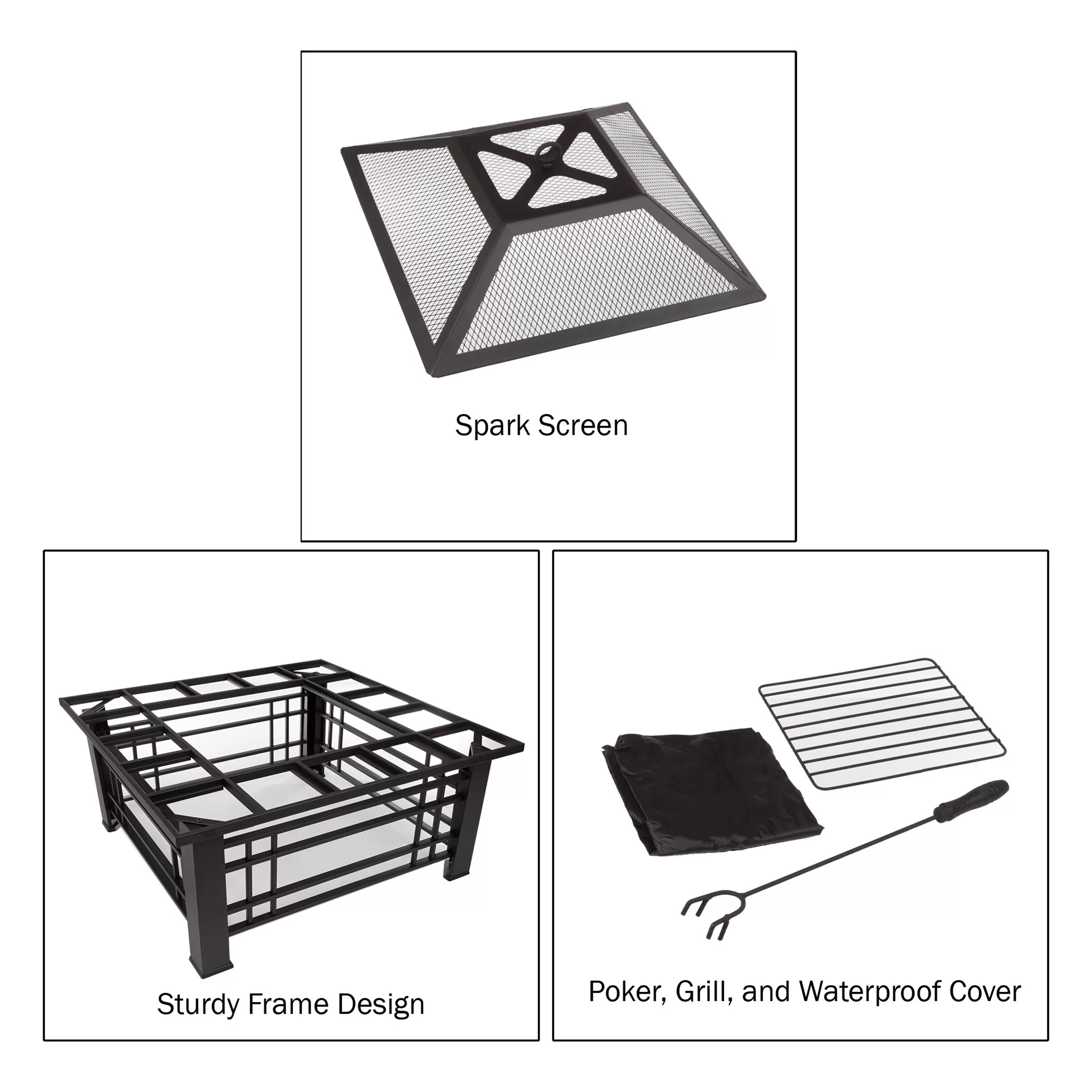Nature Spring 4-Piece Wood-Burning Fire Pit Set 32-in W Black with Orange Steel Wood-Burning Fire Pit