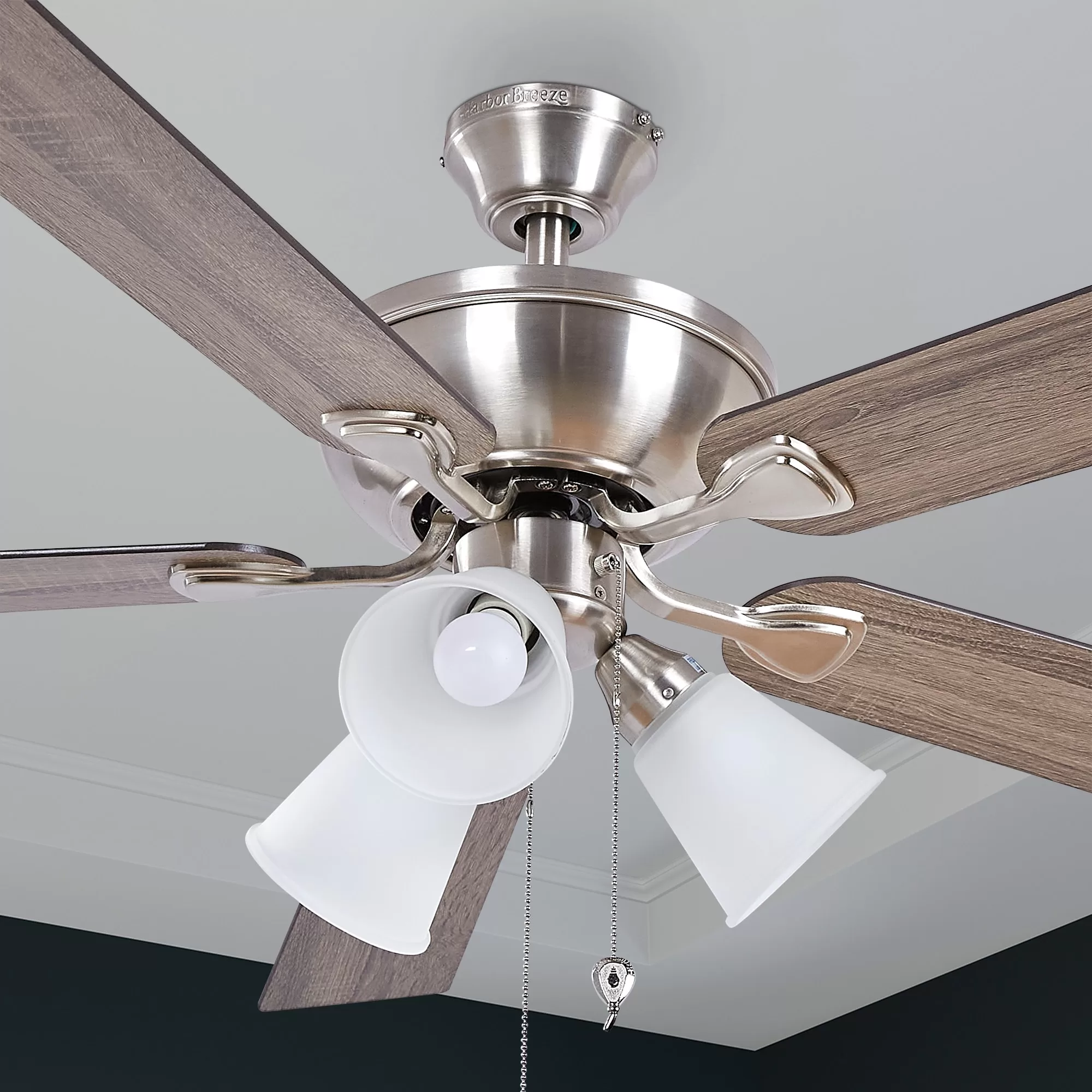 Harbor Breeze Sailor Bay 52-in Brushed Nickel Indoor Downrod or Flush Mount Ceiling Fan with Light (5-Blade)