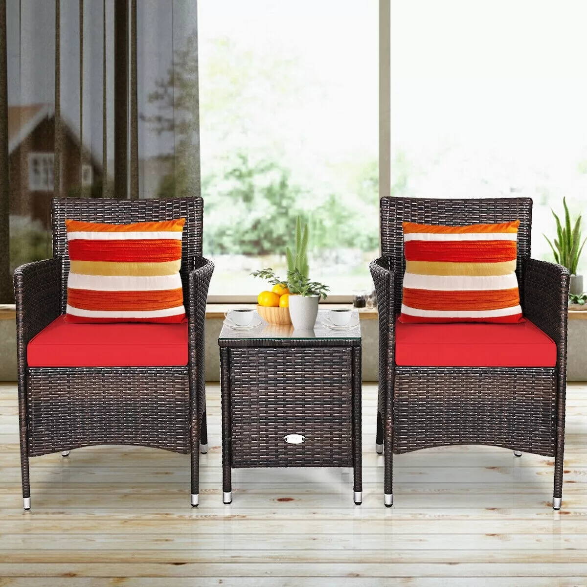 CASAINC Patio conversation-Set 3-Piece Rattan Patio Conversation Set with Red Cushions
