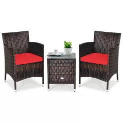 CASAINC Patio conversation-Set 3-Piece Rattan Patio Conversation Set with Red Cushions