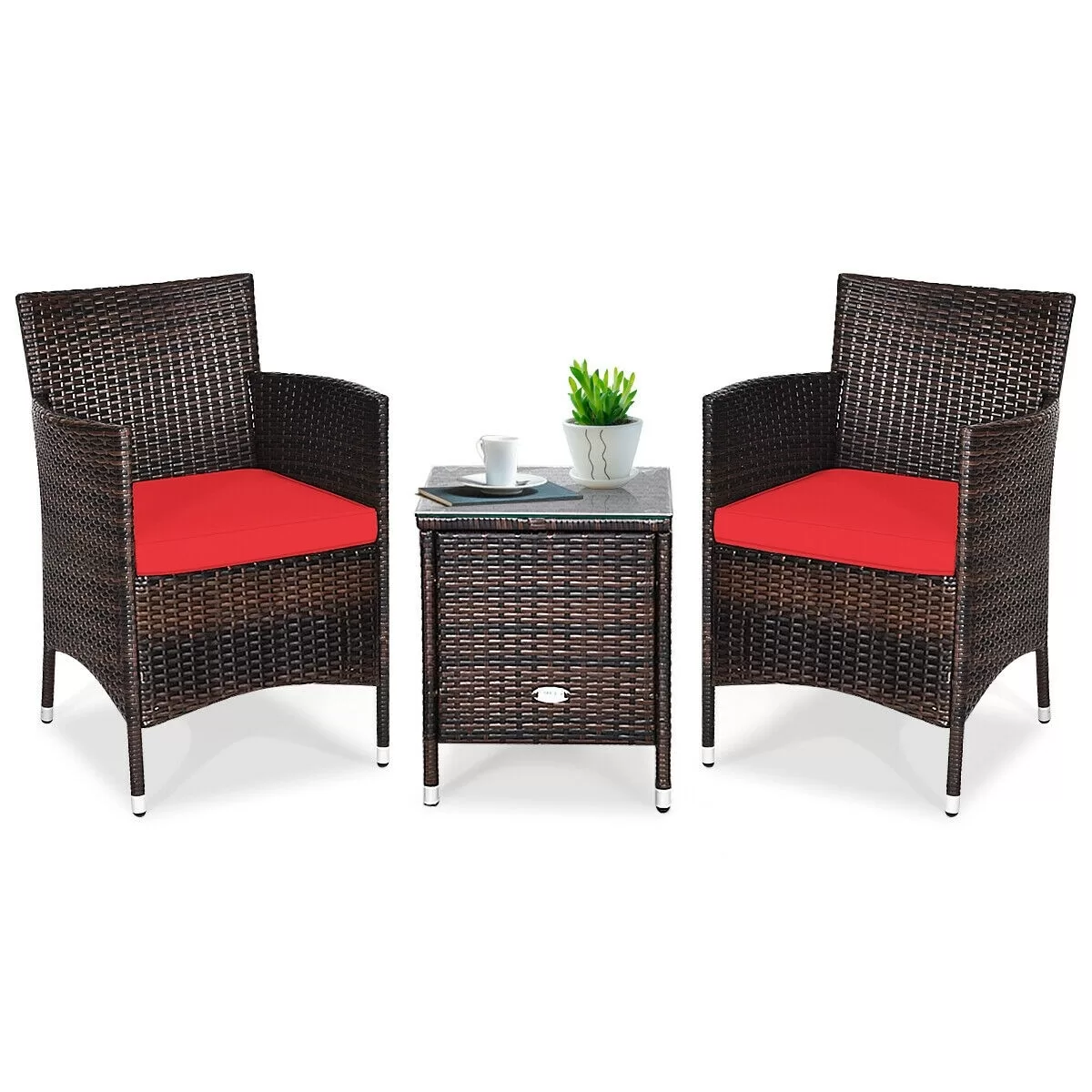 CASAINC Patio conversation-Set 3-Piece Rattan Patio Conversation Set with Red Cushions