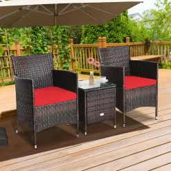 CASAINC Patio conversation-Set 3-Piece Rattan Patio Conversation Set with Red Cushions