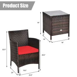 CASAINC Patio conversation-Set 3-Piece Rattan Patio Conversation Set with Red Cushions