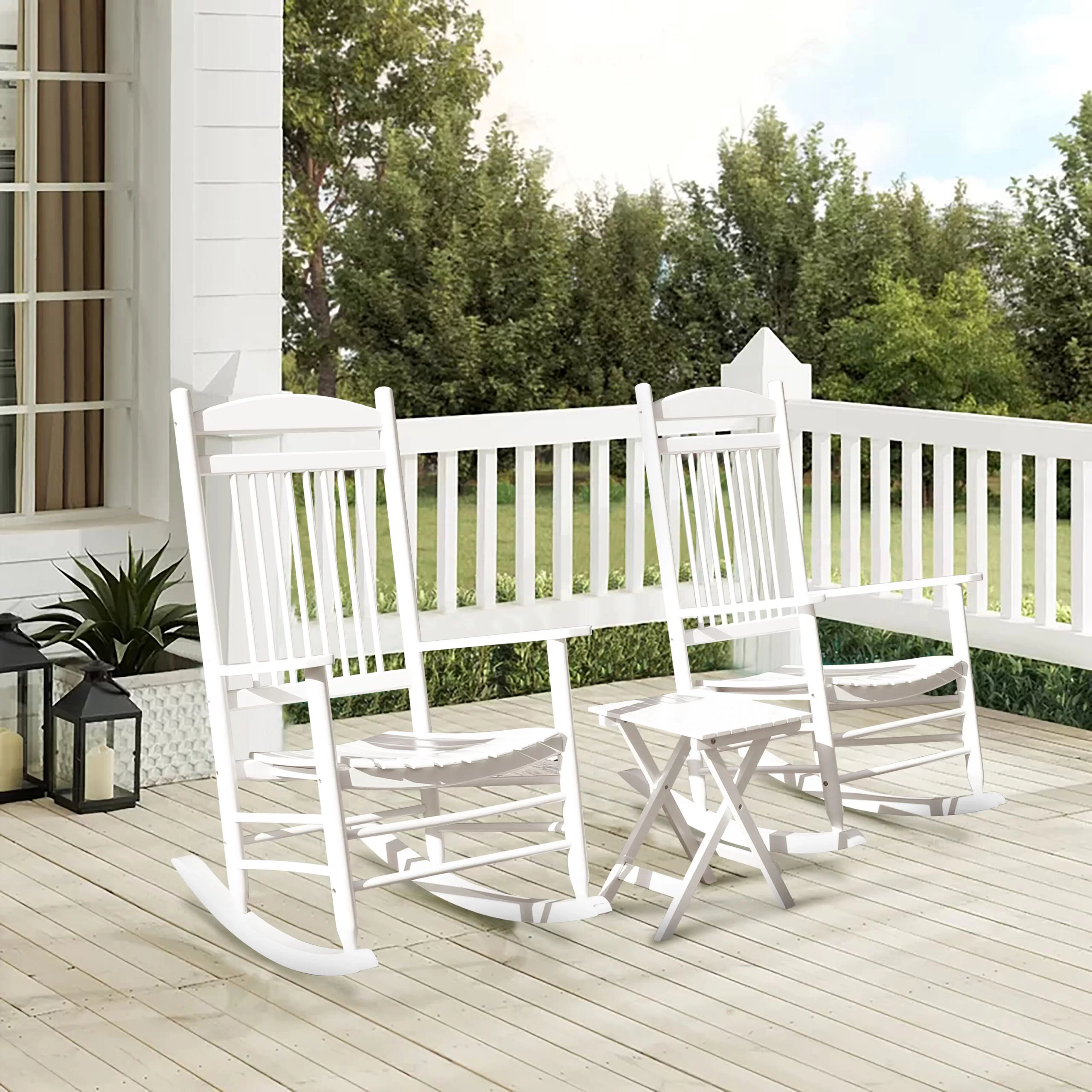 VEIKOUS 3-Piece Cedar Wood Rocking Chair Set - White Patio Conversation Set