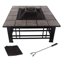 Nature Spring 4-Piece Wood-Burning Fire Pit Set 32-in W Black with Orange Steel Wood-Burning Fire Pit
