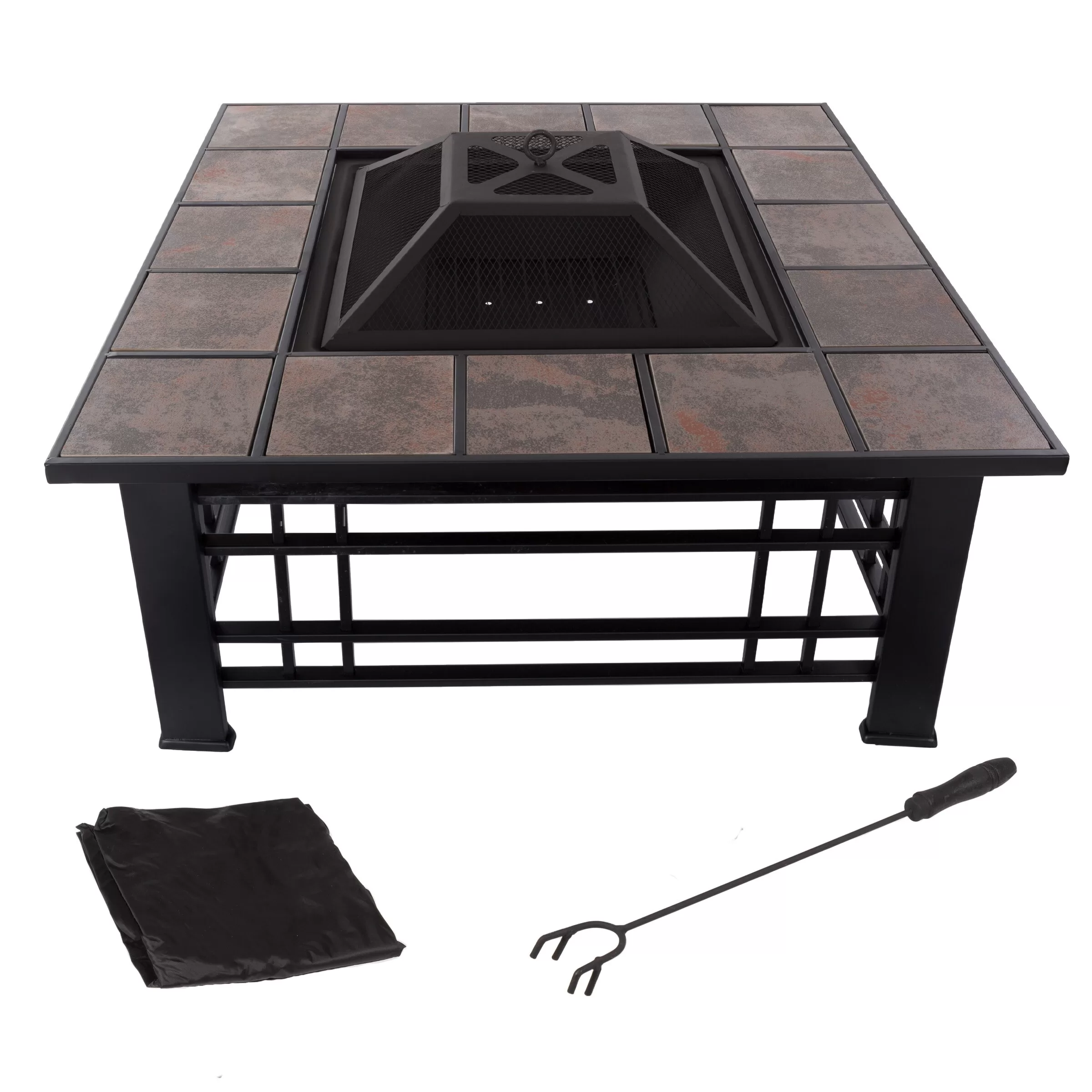 Nature Spring 4-Piece Wood-Burning Fire Pit Set 32-in W Black with Orange Steel Wood-Burning Fire Pit