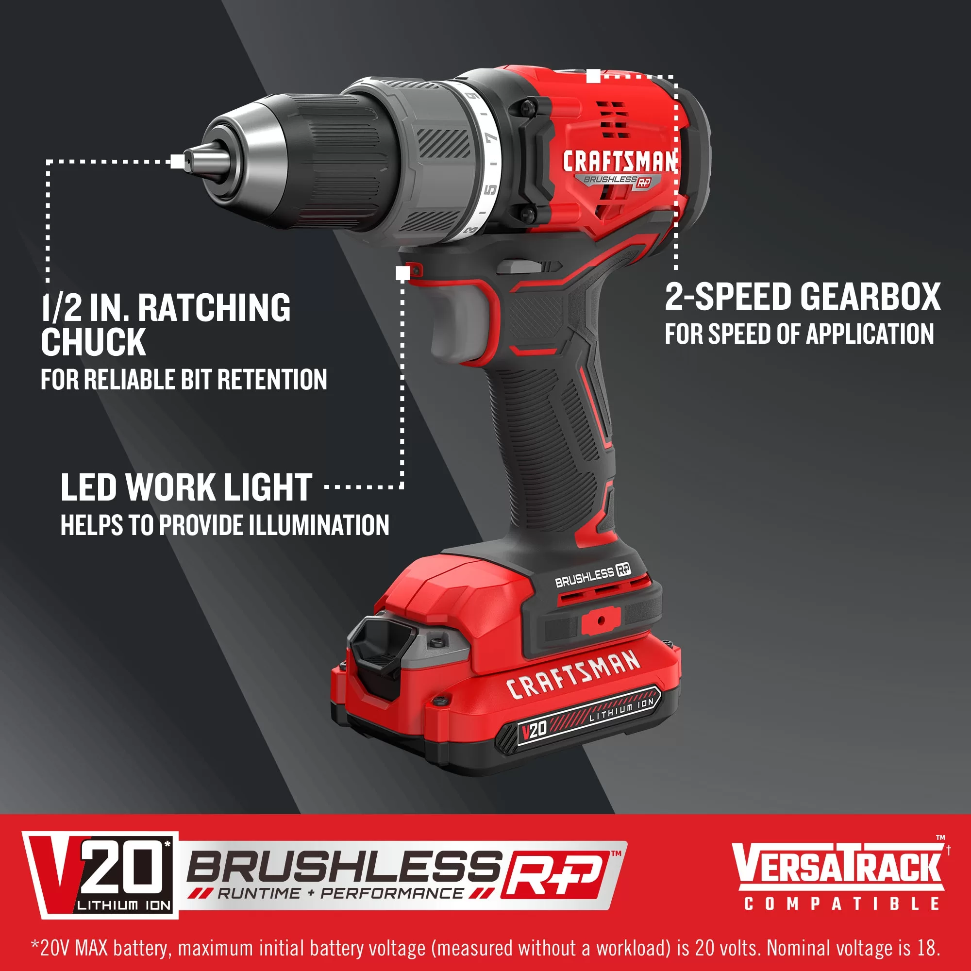 CRAFTSMAN V20 RP 20-volt Max 1/2-in Brushless Cordless Drill (2-Batteries Included, Charger Included and Soft Bag included)