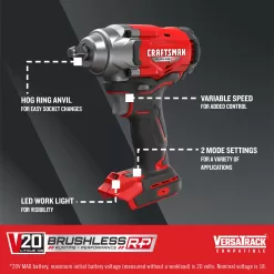 CRAFTSMAN 20-volt Max Variable Speed Brushless 1/2-in Drive Cordless Impact Wrench (Bare Tool)