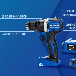 Kobalt Next-Gen 24-volt 1/2-in Metal Ratcheting Brushless Cordless Drill (1-Battery Included, Charger Included and Soft Bag included)