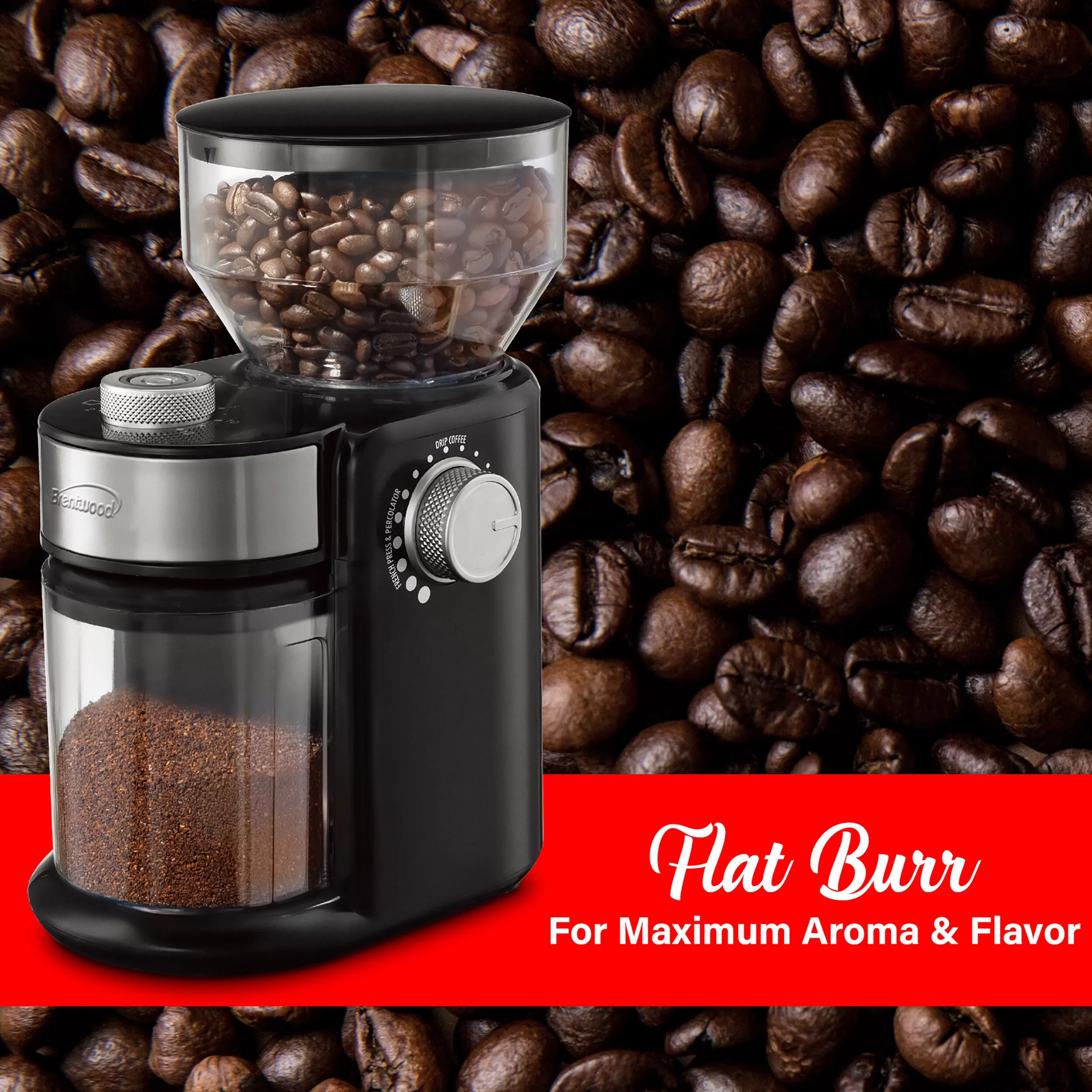 brentwood Black Coffee Grinder with 8 oz. Hopper Capacity, 12 Grinding Coarseness Options, Burr Grinder, Knob Control