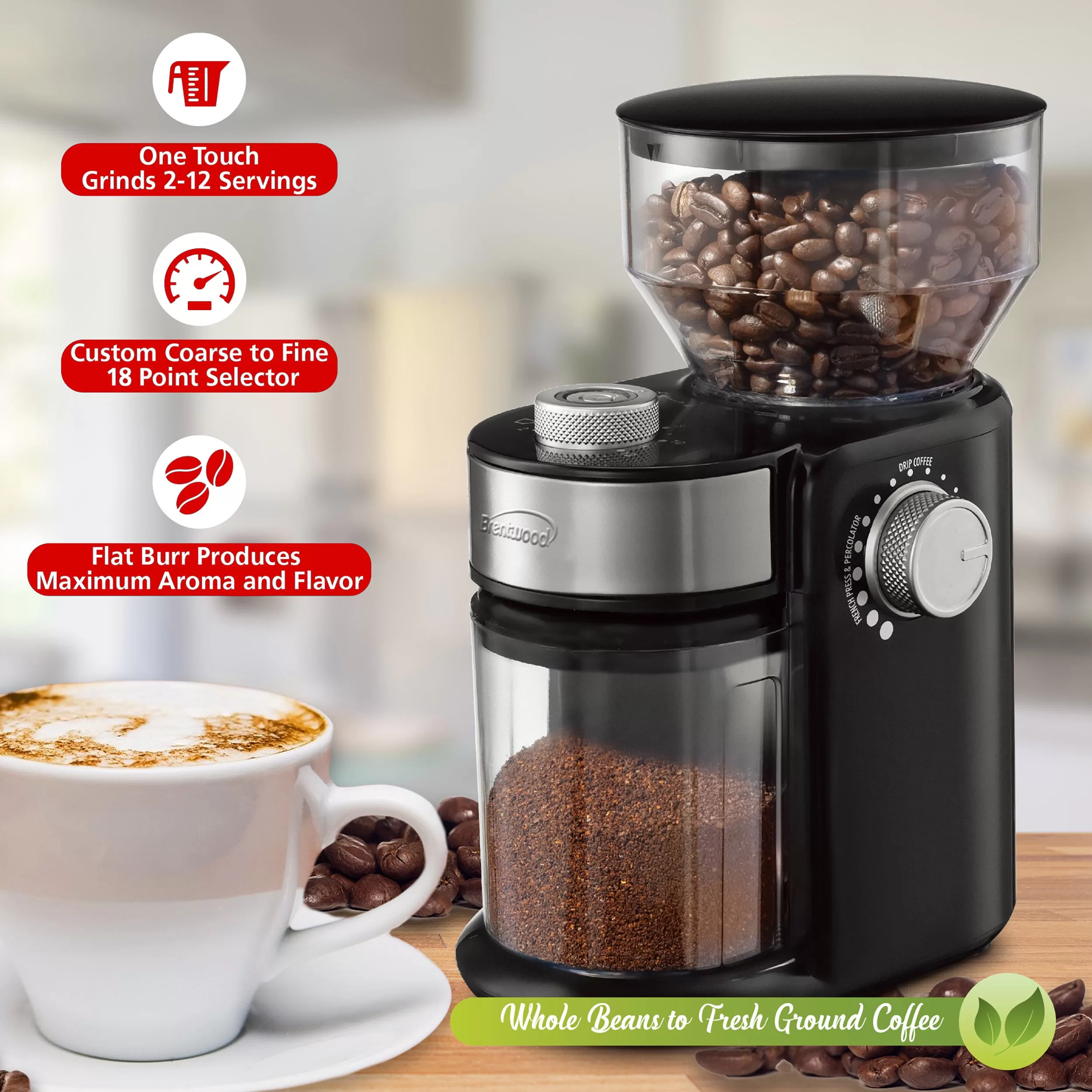 brentwood Black Coffee Grinder with 8 oz. Hopper Capacity, 12 Grinding Coarseness Options, Burr Grinder, Knob Control