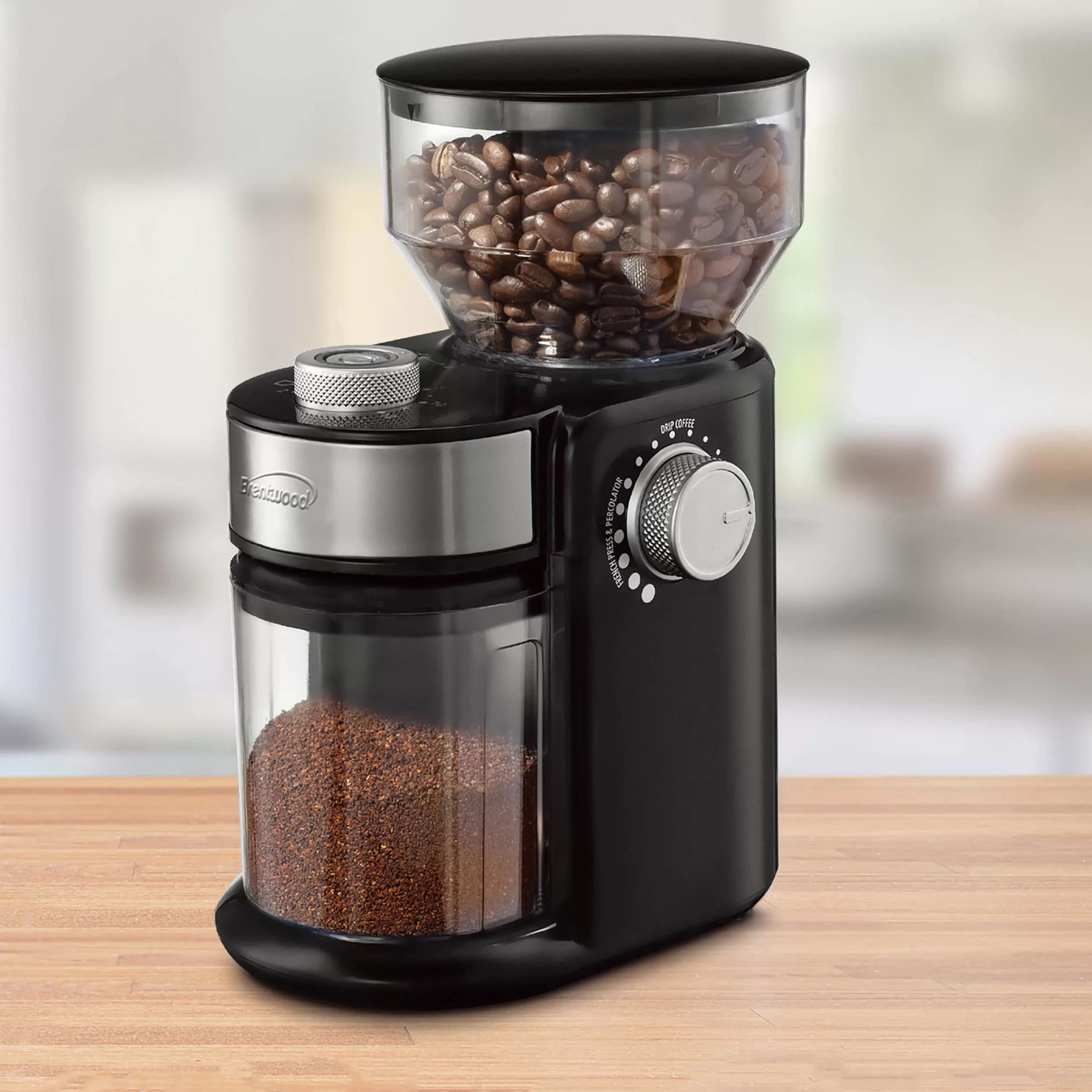 brentwood Black Coffee Grinder with 8 oz. Hopper Capacity, 12 Grinding Coarseness Options, Burr Grinder, Knob Control