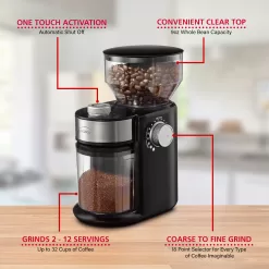 brentwood Black Coffee Grinder with 8 oz. Hopper Capacity, 12 Grinding Coarseness Options, Burr Grinder, Knob Control
