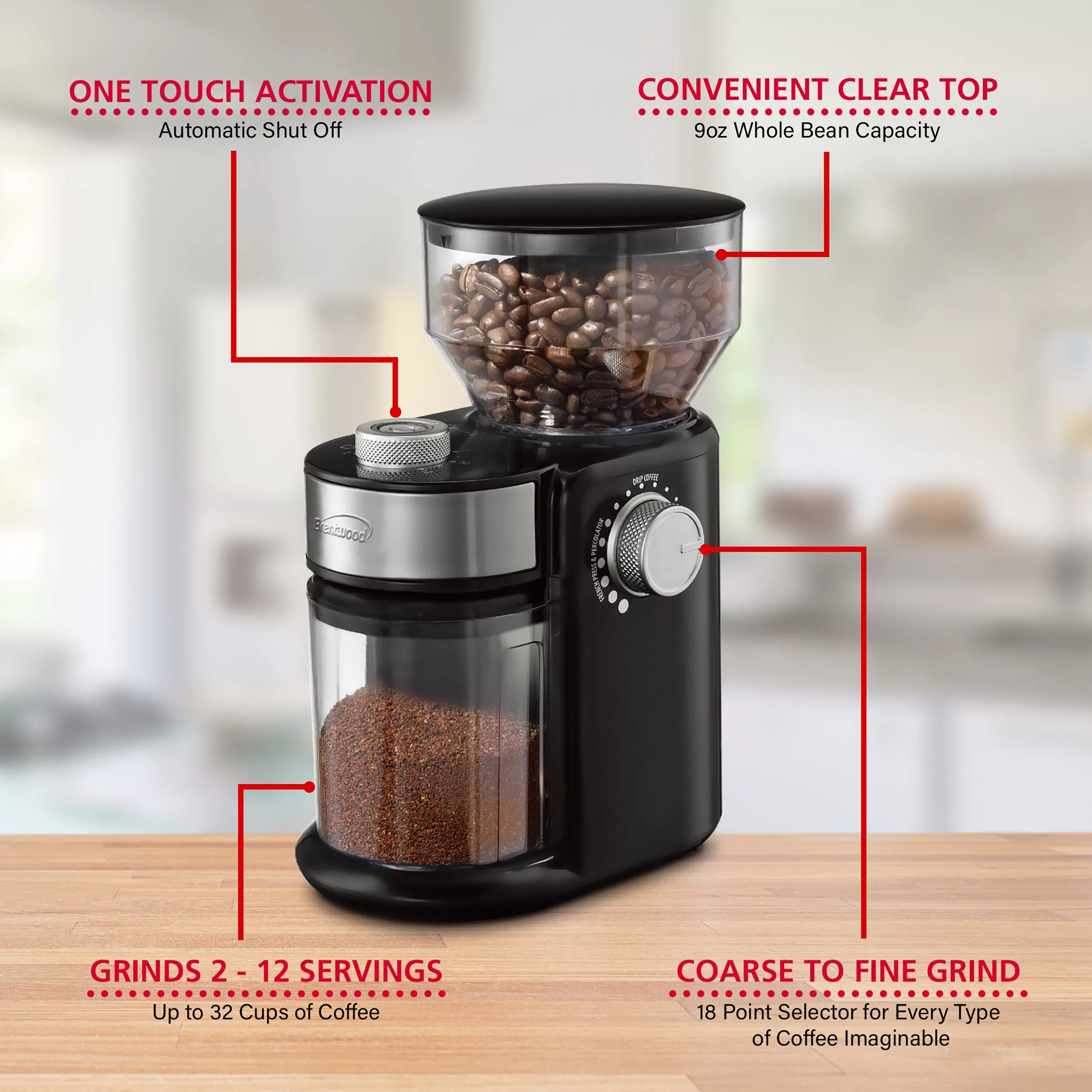 brentwood Black Coffee Grinder with 8 oz. Hopper Capacity, 12 Grinding Coarseness Options, Burr Grinder, Knob Control