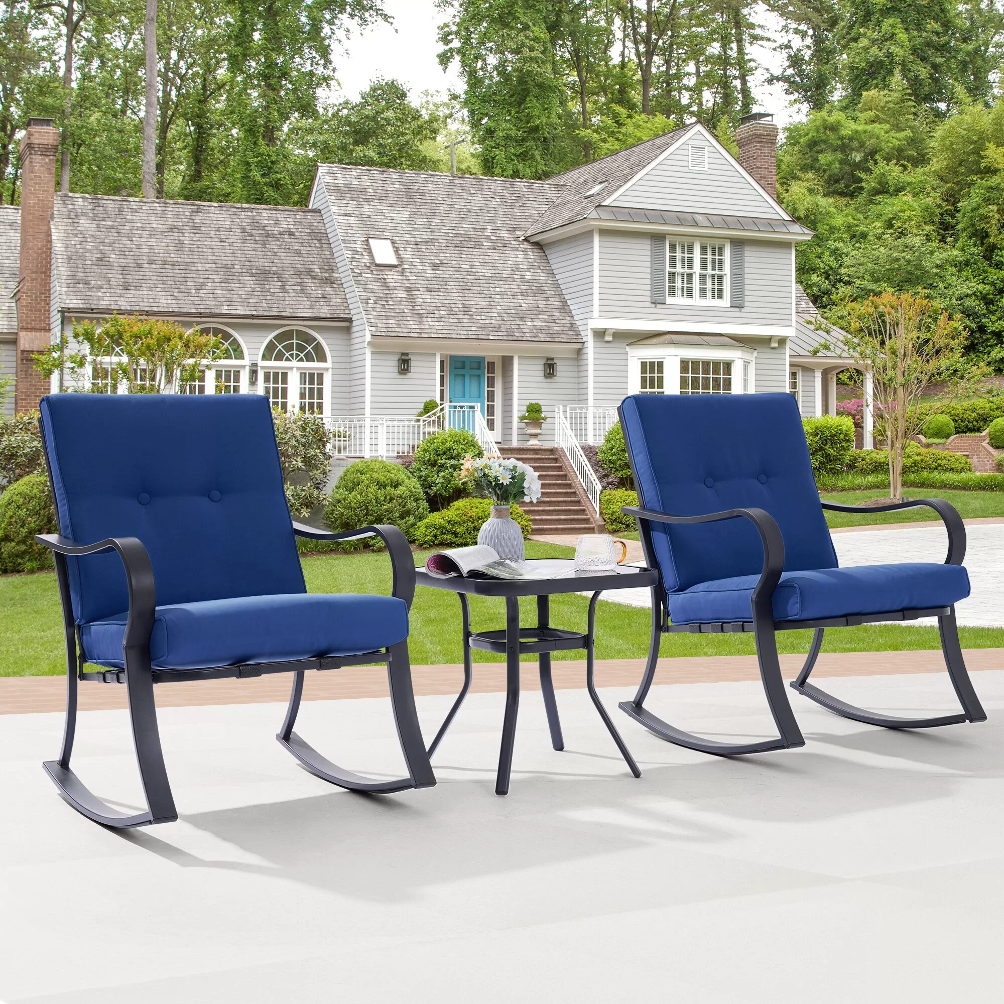 ACEGOSES Atlantic 3-Piece Patio Conversation Set with Blue Cushions