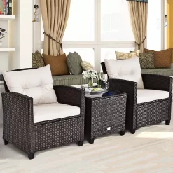 Goplus 3-Piece Rattan Patio Conversation Set with Off-white Cushions