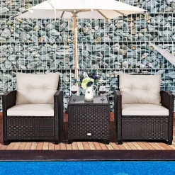 Goplus 3-Piece Rattan Patio Conversation Set with Off-white Cushions