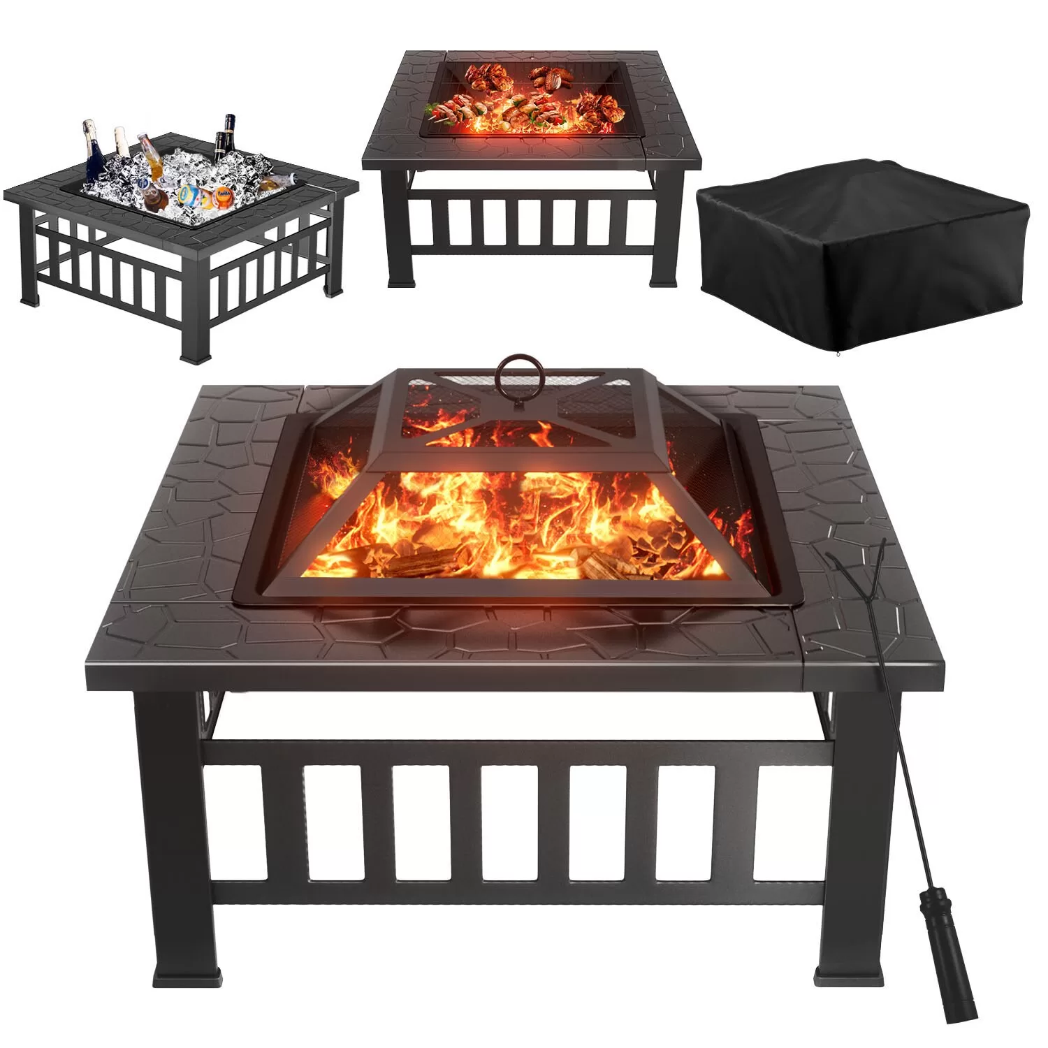 Vineego 32-in W Black Stainless Steel Wood-Burning Fire Pit