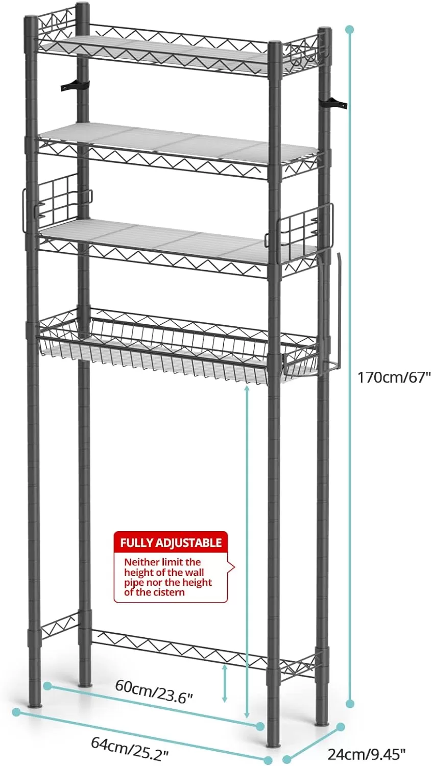 Hodonas Bathroom Organizer Over Toilet Storage, 4-Tier Toilet Shelf Bathroom Shelves Over Toilet, Gray