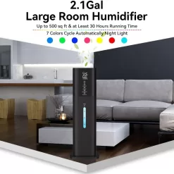 Humidifiers Large Room Bedroom with 7 Colors Light, 2.1Gal(8L) 3 Speed Quiet Ultrasonic Cool Mist Humidifier (Black)