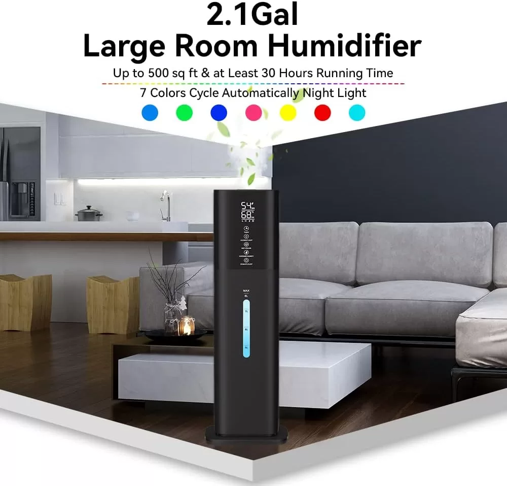 Humidifiers Large Room Bedroom with 7 Colors Light, 2.1Gal(8L) 3 Speed Quiet Ultrasonic Cool Mist Humidifier (Black)