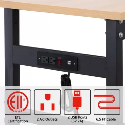 HONRISE Work Bench, Height Adjustable Workbench Heavy Duty Oak Wood Desktop Work Table