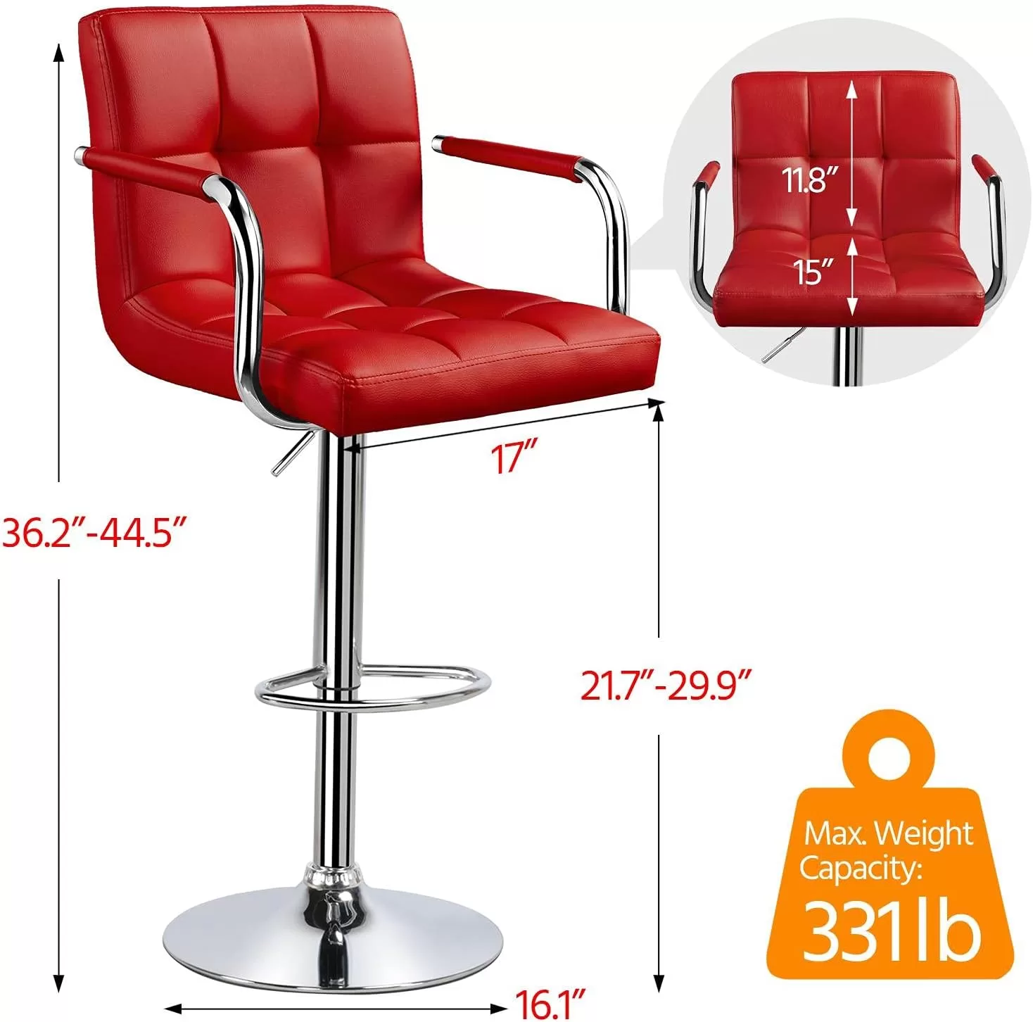 Yaheetech Tall Bar Stools Set of 2 Modern Square PU Leather Adjustable BarStools Counter Height Stools, Red