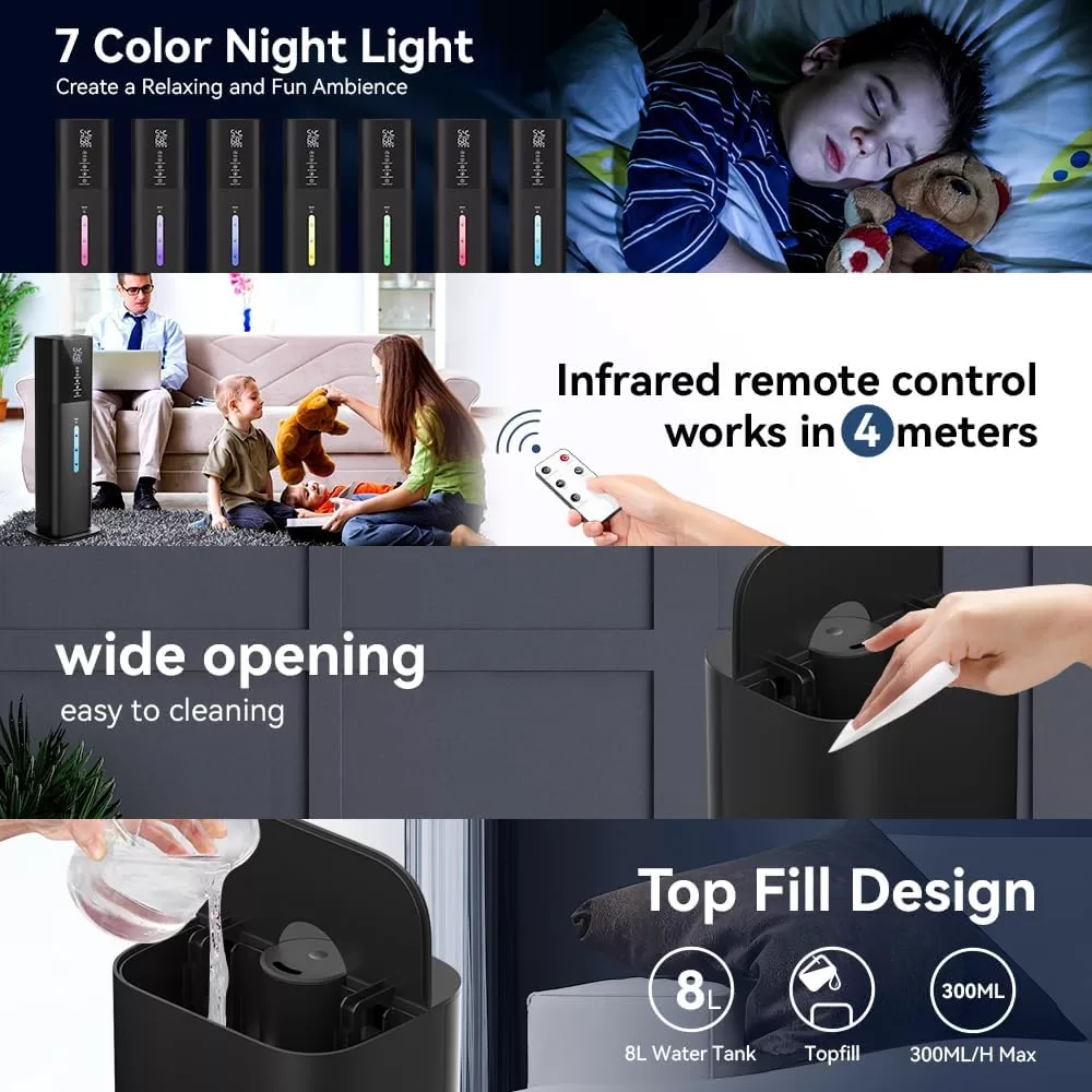 Humidifiers Large Room Bedroom with 7 Colors Light, 2.1Gal(8L) 3 Speed Quiet Ultrasonic Cool Mist Humidifier (Black)