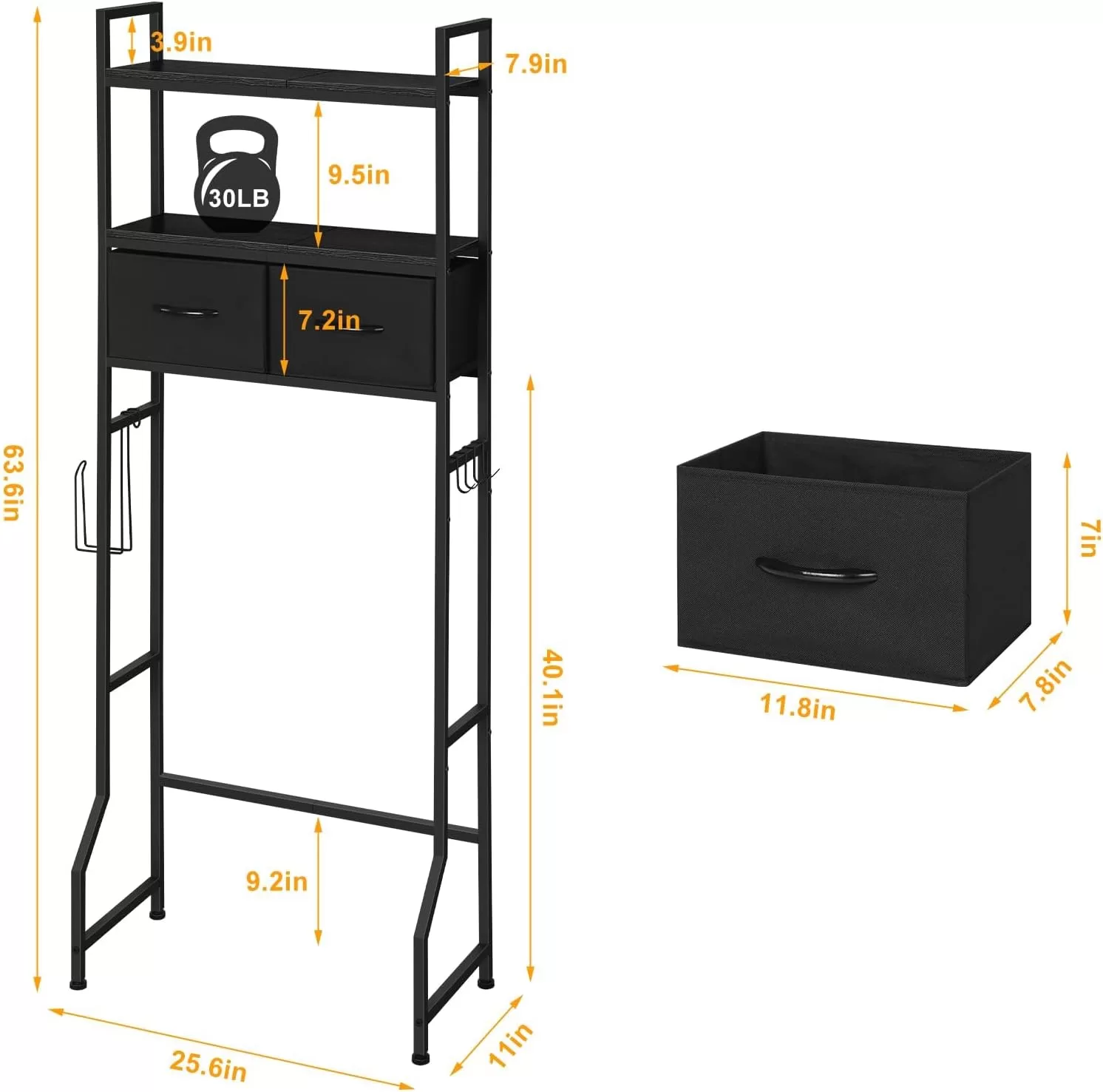 ETELI Over The Toilet Storage Cabinet with Fabric Drawers 3 Tier Bathroom Shelf Over Toilet Space - Black