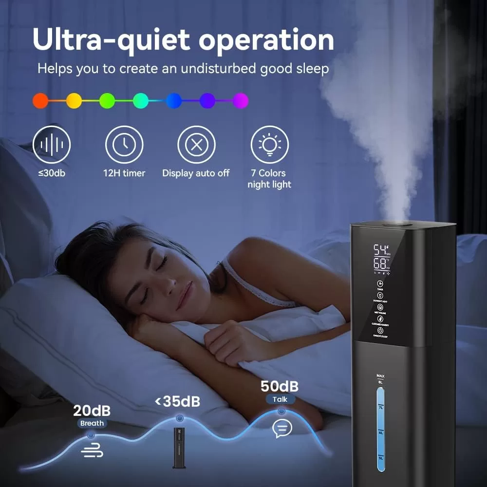 Humidifiers Large Room Bedroom with 7 Colors Light, 2.1Gal(8L) 3 Speed Quiet Ultrasonic Cool Mist Humidifier (Black)