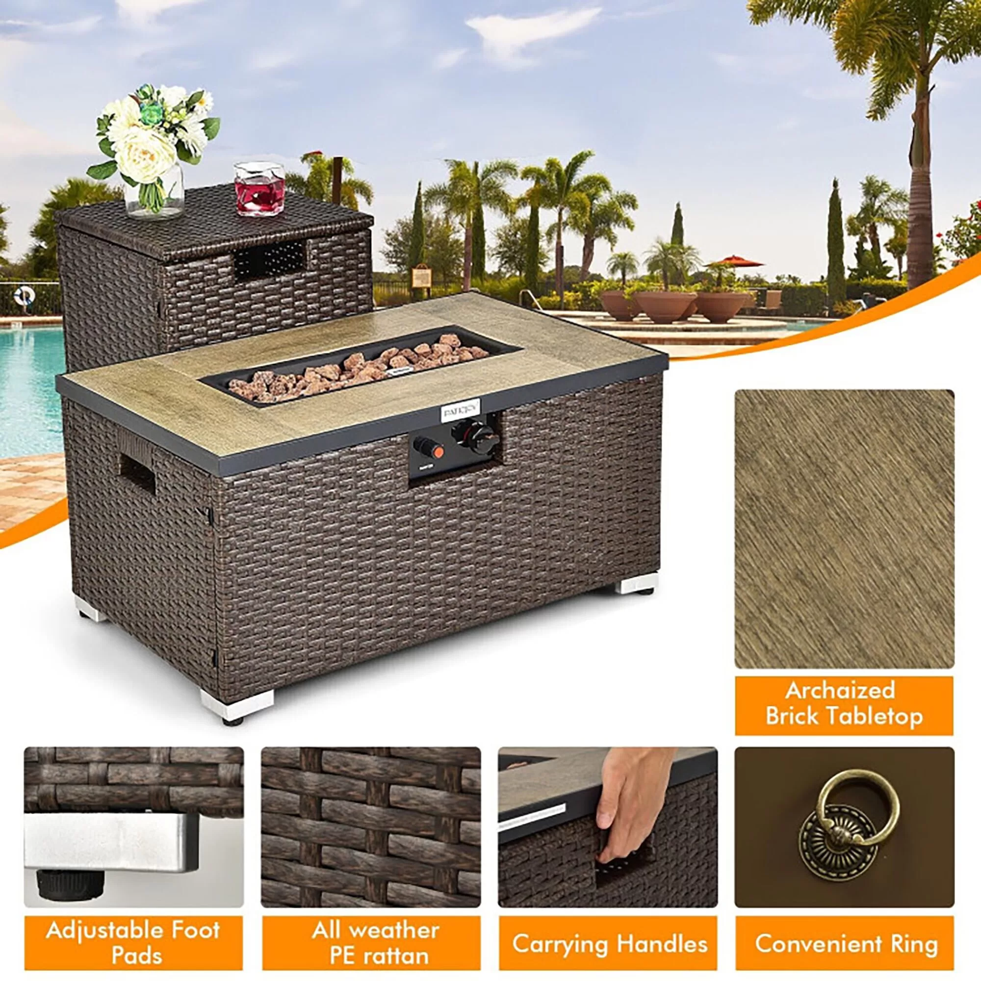 CASAINC Rattan FirePit 32-in W 40000-BTU Brown Portable Tabletop Wicker Propane Gas Fire Pit Table