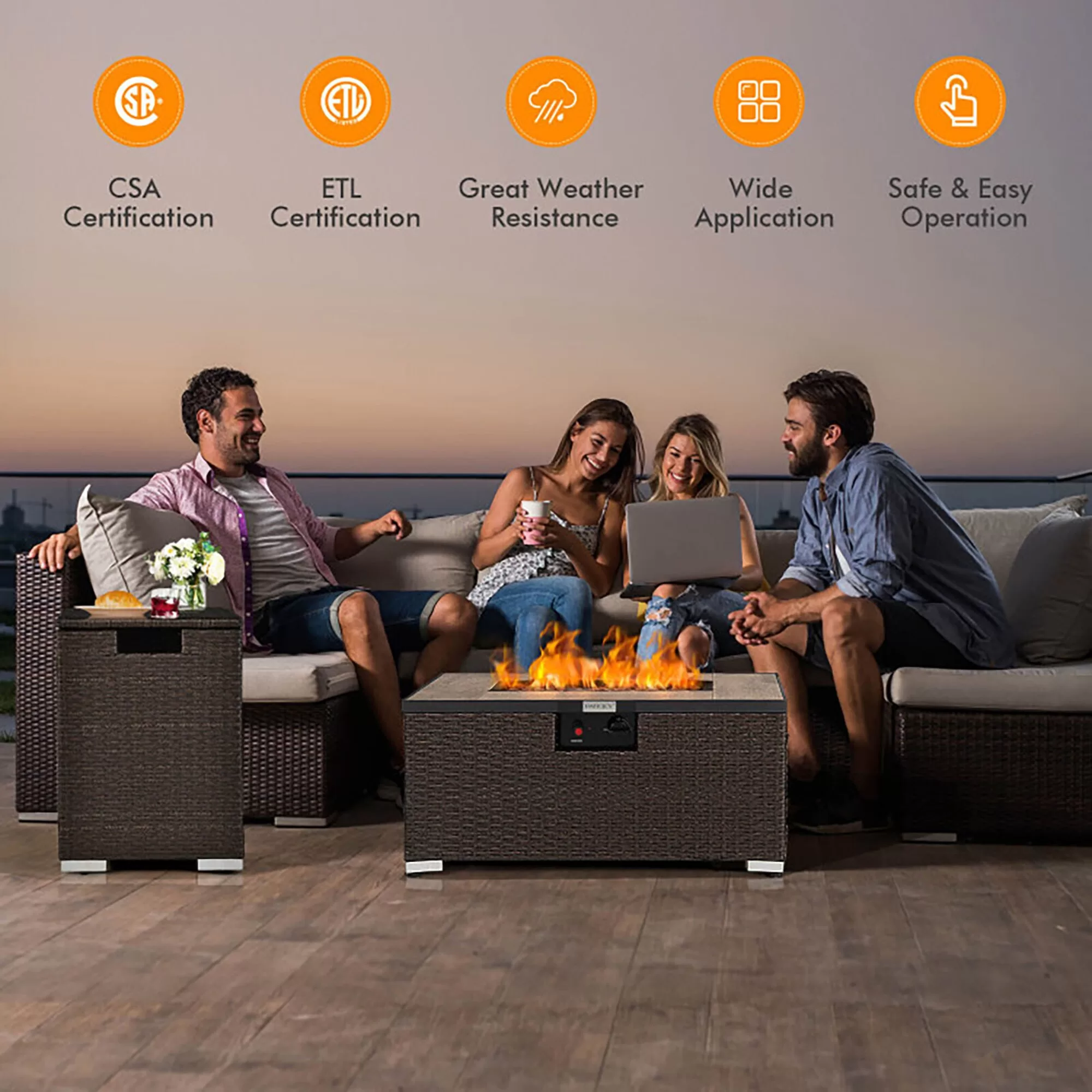 CASAINC Rattan FirePit 32-in W 40000-BTU Brown Portable Tabletop Wicker Propane Gas Fire Pit Table