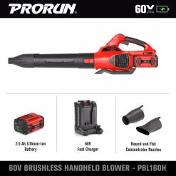 PRORUN PBL160H 60-volt Max 680-CFM 190-MPH Battery Handheld Leaf Blower 2.5 Ah (Battery and Charger Included)