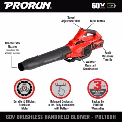 PRORUN PBL160H 60-volt Max 680-CFM 190-MPH Battery Handheld Leaf Blower 2.5 Ah (Battery and Charger Included)