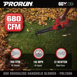 PRORUN PBL160H 60-volt Max 680-CFM 190-MPH Battery Handheld Leaf Blower 2.5 Ah (Battery and Charger Included)